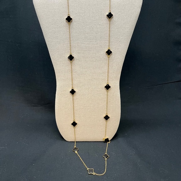 Long Necklace Black Enamel with Gold Chain - 20" Drop - Picture 2 of 4